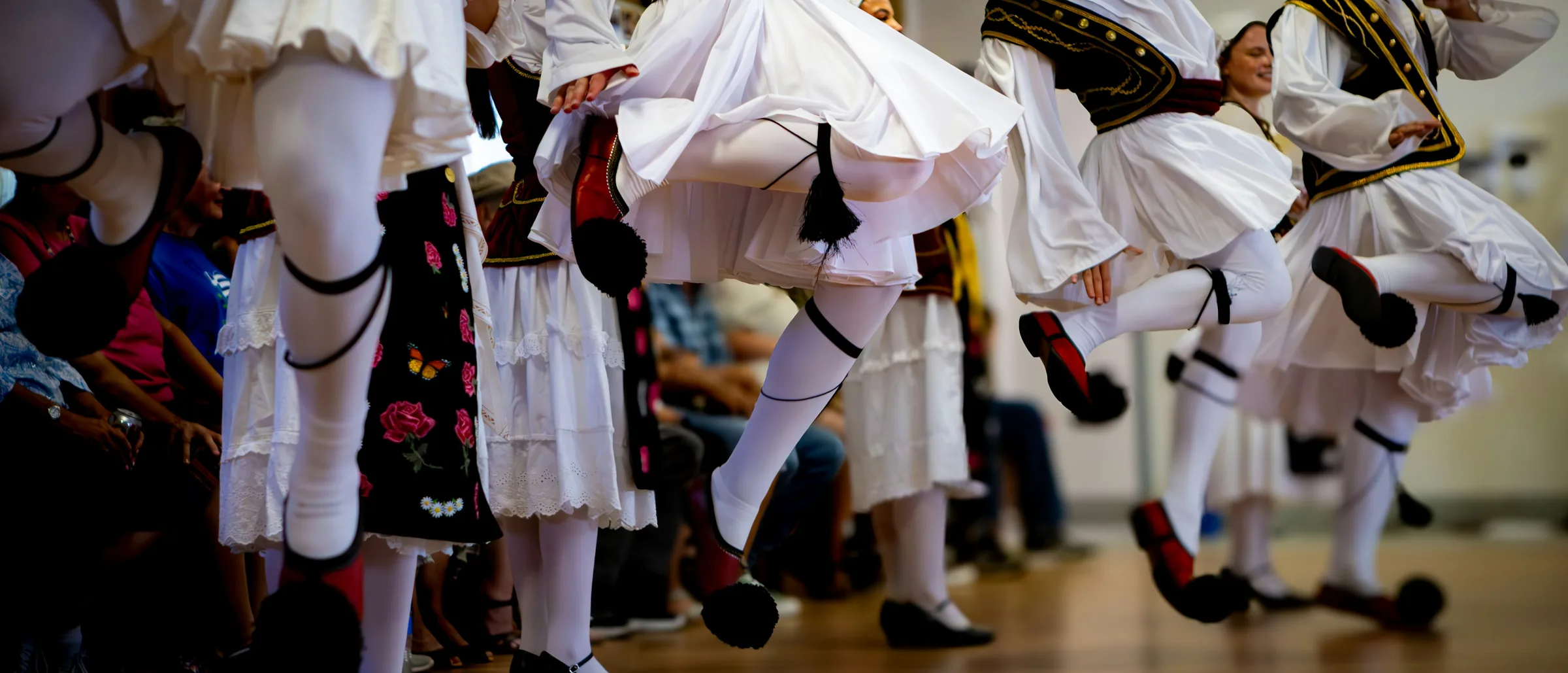 Dancers in traditional Greek costume mid-performance